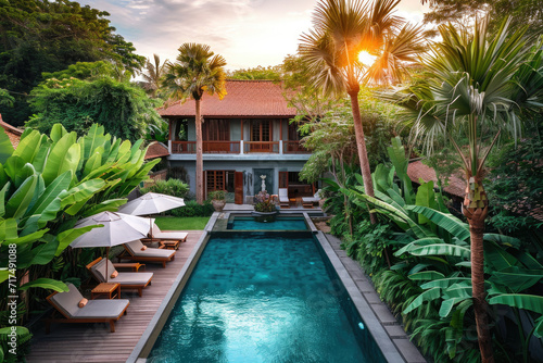 high view of Luxurious tropical pool villa with refined architecture in a lush greenery garden