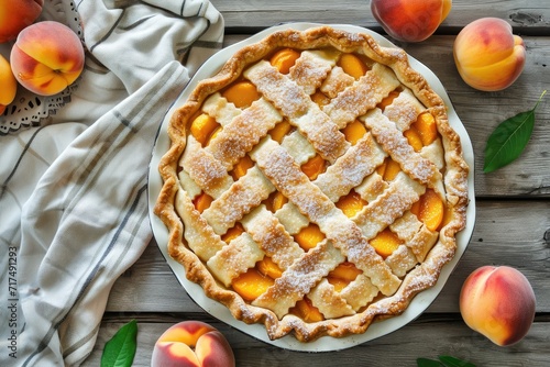 Flat lay of peach pie on plate