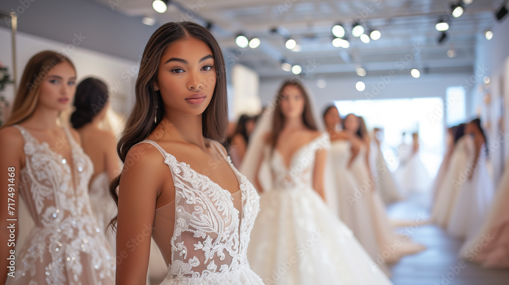 Diverse group of brides in wedding dresses on a show runway inside a salon. Diverse group of brides in wedding dresses on a show runway inside a salon.