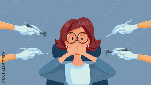 Fearful Woman being Scared at the Dentist Vector Illustration. Anxious patient having a panic attack in dental clinic cabinet 
