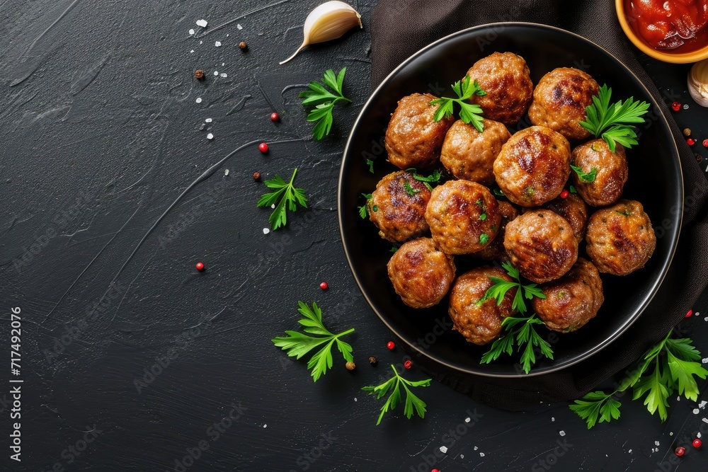 Top view of fried meatballs on black background copy space ready to eat Top view of fried meatballs on black background copy space ready to eat