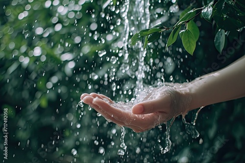 Ultra realistic photo of closeup water flow to hand of women for nature concept on the garden background. eco friendly interior concept, atmospheric, cinematic, high definition, depth of field, 8K