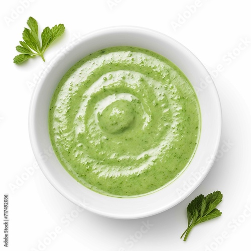 stock photo green sauce on white bowl, top view , isolated on white background