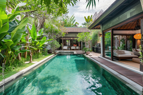 Luxurious tropical pool villa with refined architecture in a lush greenery garden © Kien