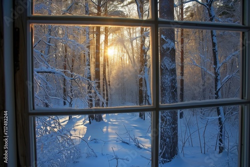 Winter forest scenery seen through a window