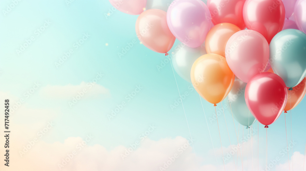 A dreamy sky filled with colorful balloons floating gently upwards, creating a cheerful and celebratory atmosphere.