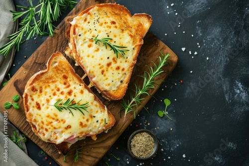 Top view of Croque Monsieur sandwich with cheese ham Gruyere and Bechamel sauce on a dark background photo