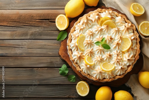 Lemon meringue pie on wooden table with space for text in flat lay composition