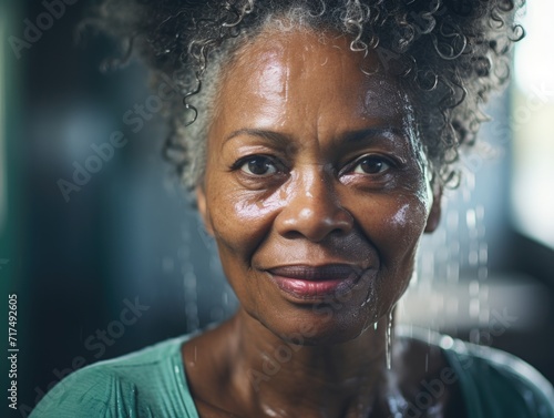 Portrait of a mature African American woman smiling, wet face