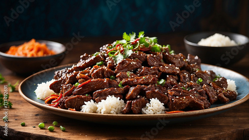 flavors of Mongolian Beef to life in a side view photograph, artfully arranged on a wooden table glazed beef, and highlight the contrast between the rich hues of the dish