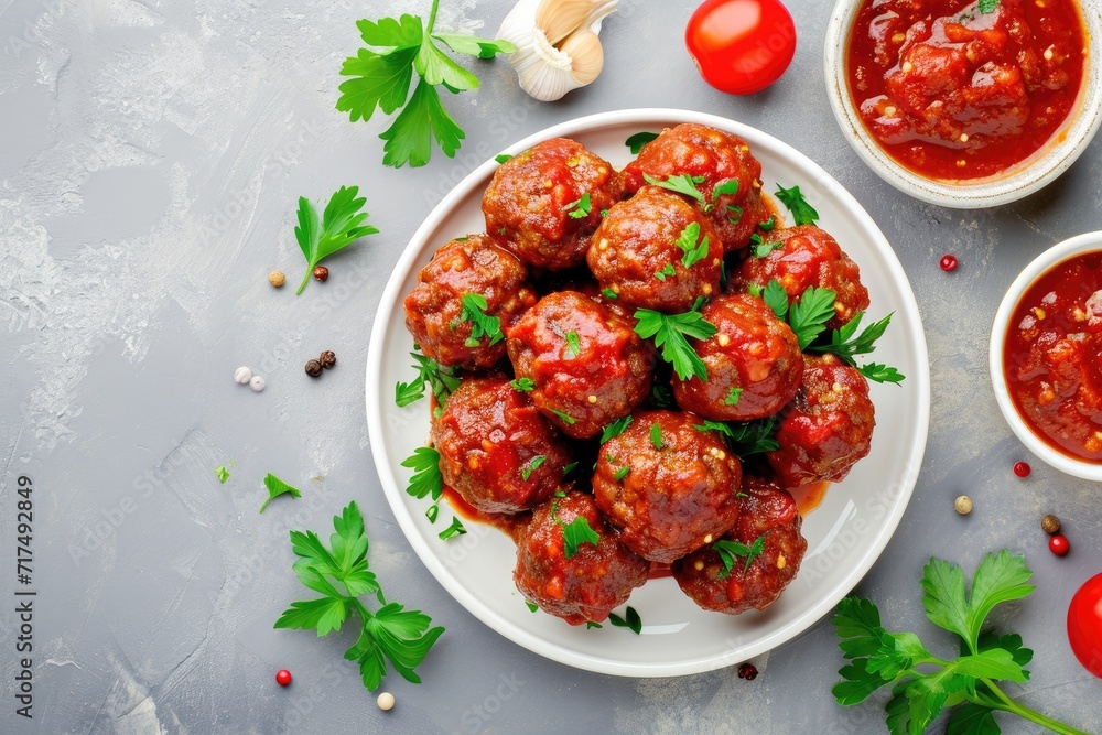 Top view of homemade meatballs with tomato sauce and spices on plate with grey background Top view of homemade meatballs with tomato sauce and spices on plate with grey background