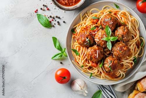 Italian food banner with top view of meatballs over spaghetti pasta tomato sauce and light background