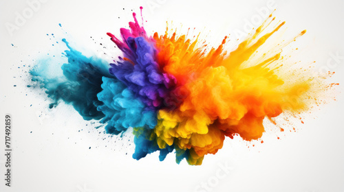 A dynamic burst of colorful powder against a stark white background. photo