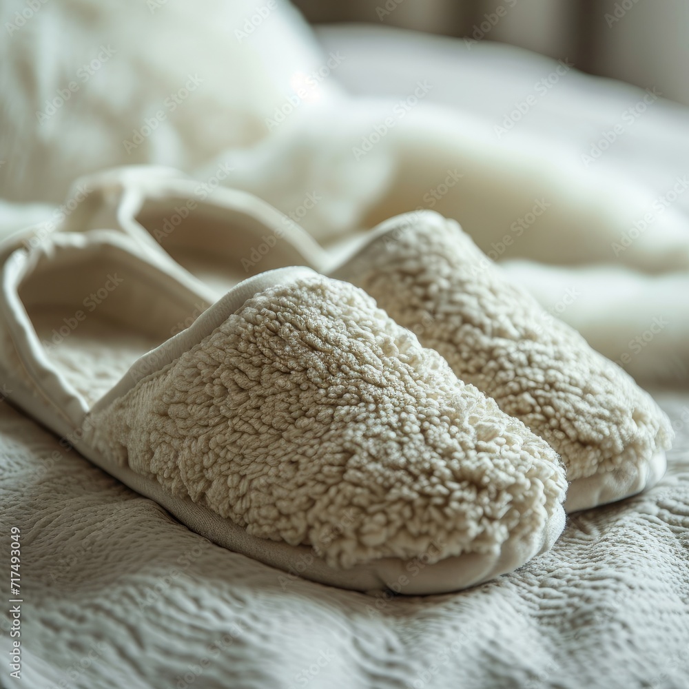 Pair of warm stylish slippers and wicker mat on wooden floor, flat lay. Pair of warm stylish slippers and wicker mat on wooden floor, flat lay.
