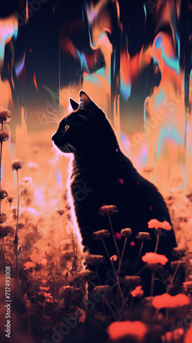 Silhouette of a cat in a mystical fiery field with dandelions, under a surreal sky.