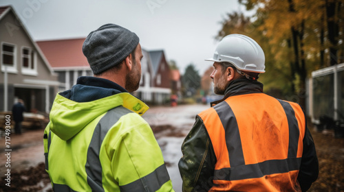 Two construction workers in high-visibility vests discussing project details on a building site.