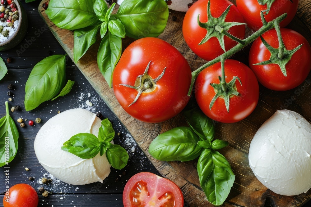 Top view of fresh tomatoes with basil and mozzarella on white rustic table Top view of fresh tomatoes with basil and mozzarella on white rustic table