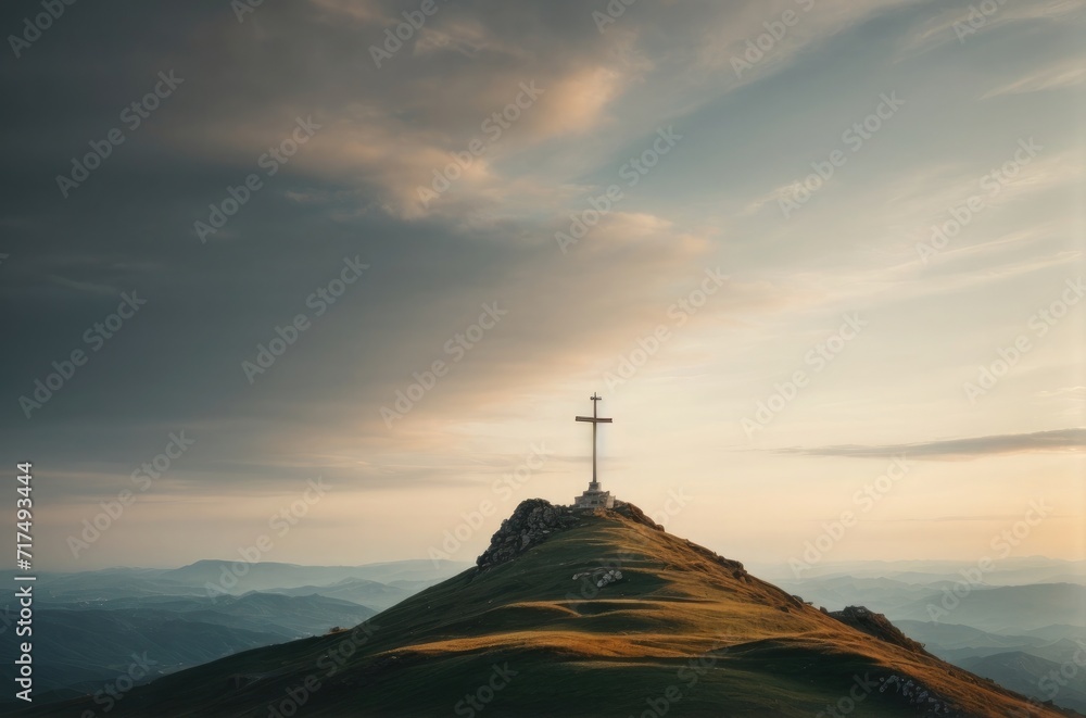 Christian cross on the hill or peak jesus christ on the mountain  Cross on the hill.
