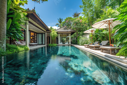 Luxurious tropical pool villa with refined architecture in a lush greenery garden