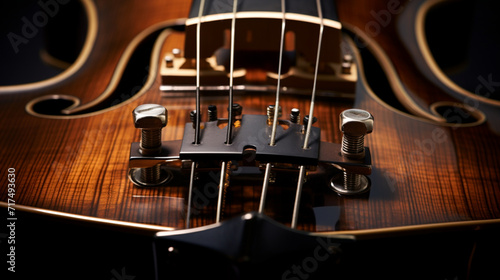 Image shows a close-up of an ancient violin on a black background. Close-up of the violin's neck and strings. Minimalist staging