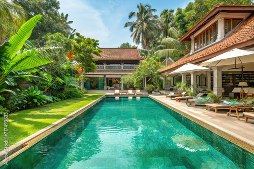 Luxurious tropical pool villa with refined architecture in a lush greenery garden © Kien