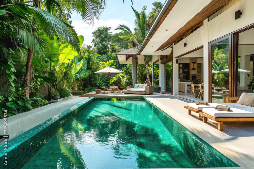 Luxurious tropical pool villa with refined architecture in a lush greenery garden