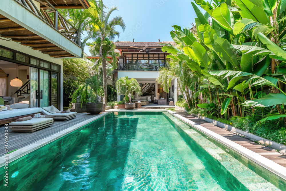 Luxurious tropical pool villa with refined architecture in a lush greenery garden