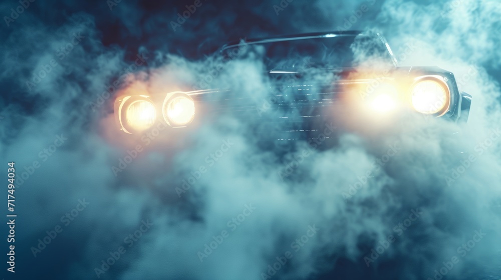 Closeup of the cars headlights ting through the thick smoke and creating a tunnellike effect.