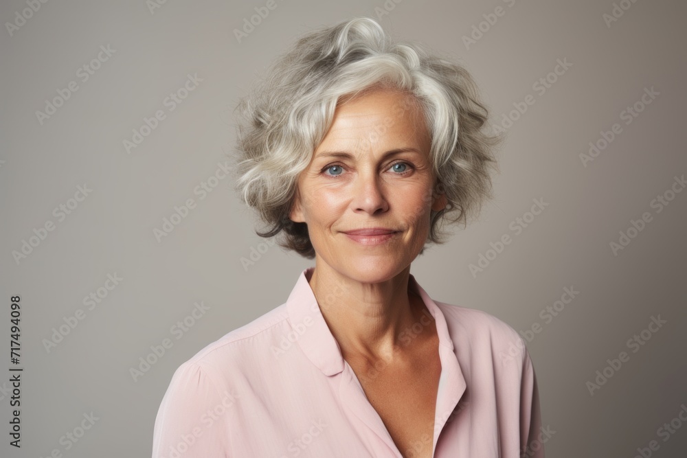 Portrait of a happy senior woman with short gray hair. Studio shot. Portrait of a happy senior woman with short gray hair. Studio shot.