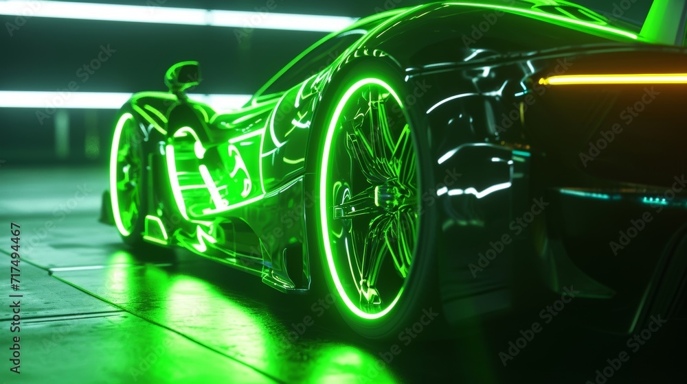 A closeup of a sports car logo glowing with a neon green light giving off a futuristic and dynamic vibe.