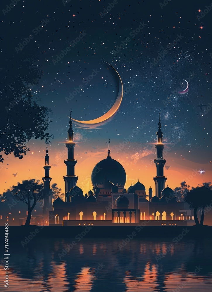 Ramadan poster background with photo of beautiful mosque and moon, ramadan dark them background