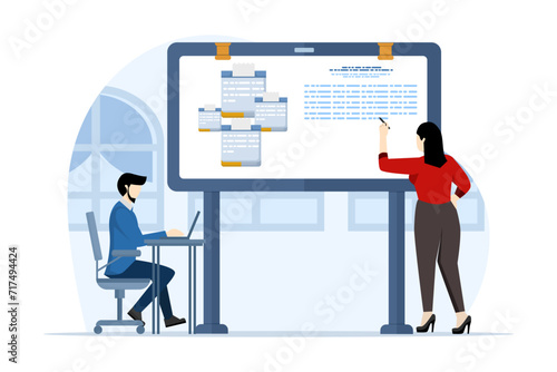 Concept of planning business strategy. The characters work in home offices and co-working spaces. analyzing financial charts People talking with colleagues, Vector illustration.