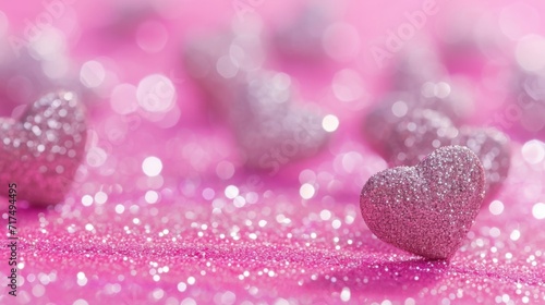 Various heart confetti scattered on a pink glittery surface.