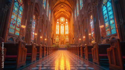 Wide view of magnificent cathedral interior in the morning  sunlight coming through the stained glass windows.