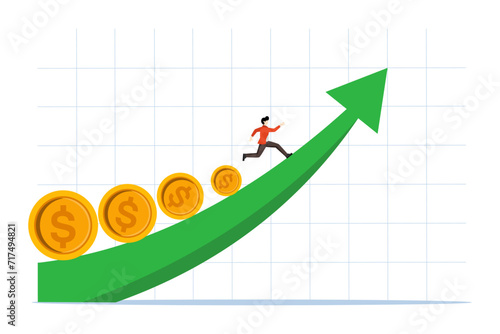 Income and investment concept, fund manager running with money leading coin running graph, stock market growth or fund flow depending on interest rates and inflation concept.