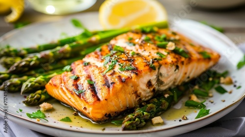 Grilled salmon on a plate with asparagus garnished with parsley on a light background. Healthy food and nutrition