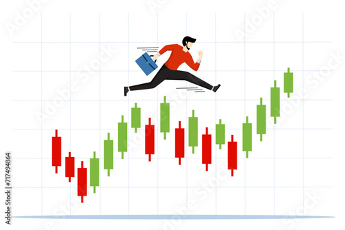 Investment trading concept, Successful trader makes profit by developing stock market, Confident investor with money bag running on candlestick chart, investment trading. vector illustration.