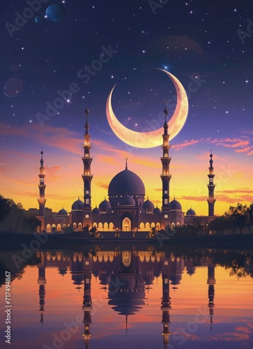 Ramadan poster background with photo of beautiful mosque and moon  ramadan dark them background