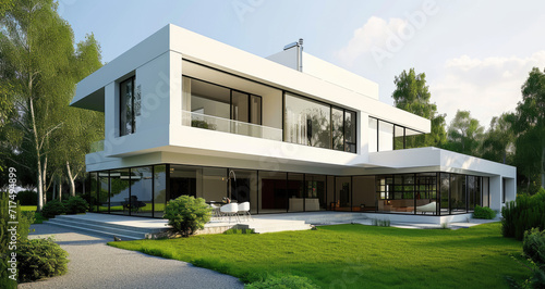 rendering of modern house with white windows on a green grass © Kien