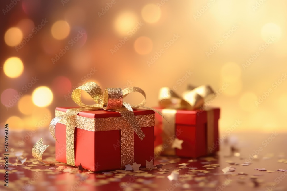 Small holiday gift box in front of blurred background Small holiday gift box in front of blurred background