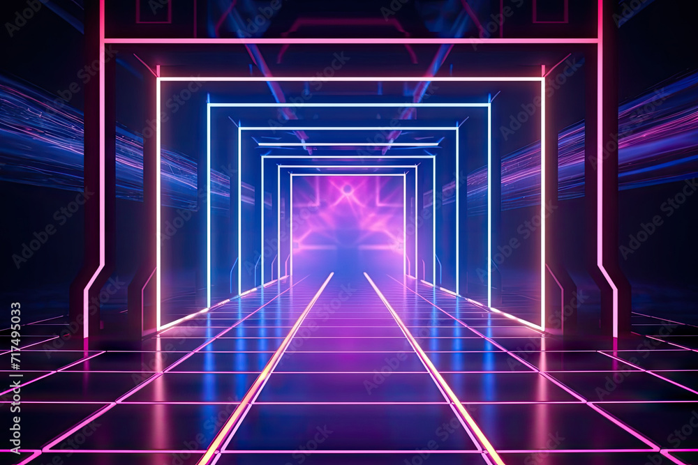 a neon corridor with a dark floor and bright neon lights,Abstract neon light geometric background. Glowing neon lines. Empty futuristic stage laser. Colorful rectangular laser lines.