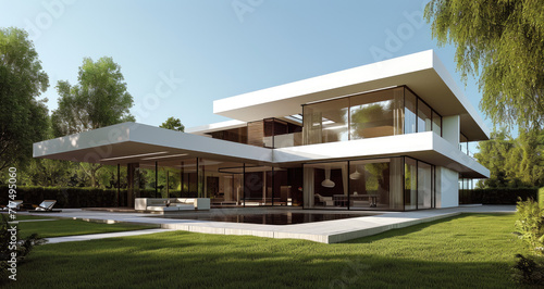 rendering of modern house with white windows on a green grass