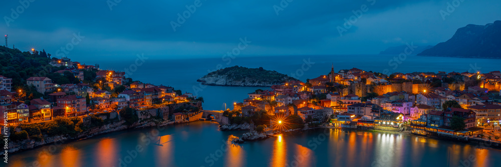 Beautiful cityscape on the mountains over Black-sea, Amasra. Amasra traditional Turkish architecture