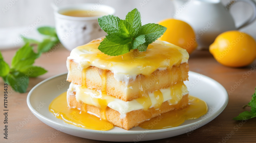 Delicious lemon custard cake garnished with a fresh mint leaf, served on a white plate. Delicious lemon custard cake garnished with a fresh mint leaf, served on a white plate.