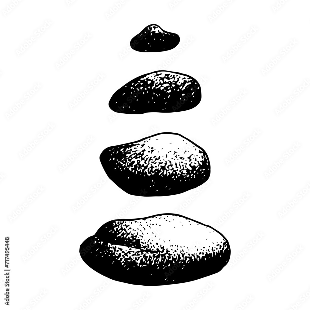 Vector Zen yoga stones stack or spa pebbles black and white graphic line illustration set. Separate stones for balance pyramid - obrazy, fototapety, plakaty 