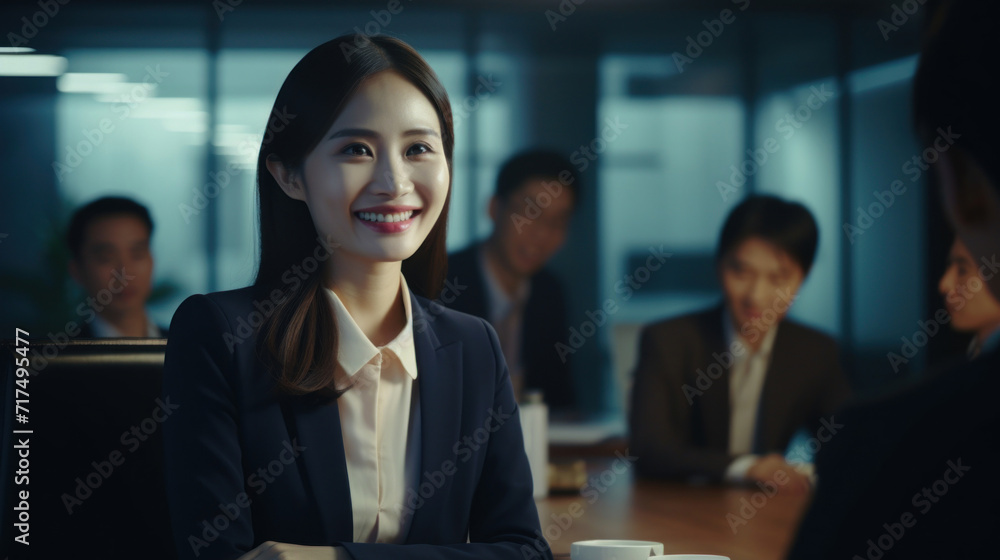 Fototapeta premium Professional young woman confidently leading a business meeting with a team of colleagues in the background.