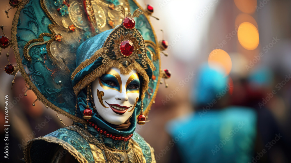 Close-up of a traditional Venetian carnival mask with intricate designs and luxurious decoration. Close-up of a traditional Venetian carnival mask with intricate designs and luxurious decoration.