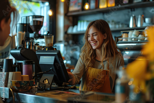 Smiling cashier working in coffee shop and woman paying with credit card
