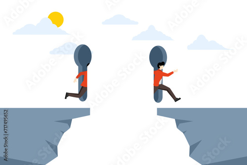 confident businessman accessing keyhole to bypass gap, Shortcut to business success, business solution or opportunity, idea or creativity to solve problem, leadership determination concept.