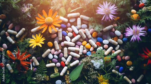 Colorful medicinal pills and capsules scattered among blooming wildflowers and plants.
